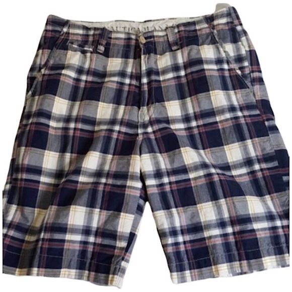 NAUTICA Mens Navy Blue Red White Plaid Flat Front Longer Length Shorts Sz 34 - Picture 4 of 8
